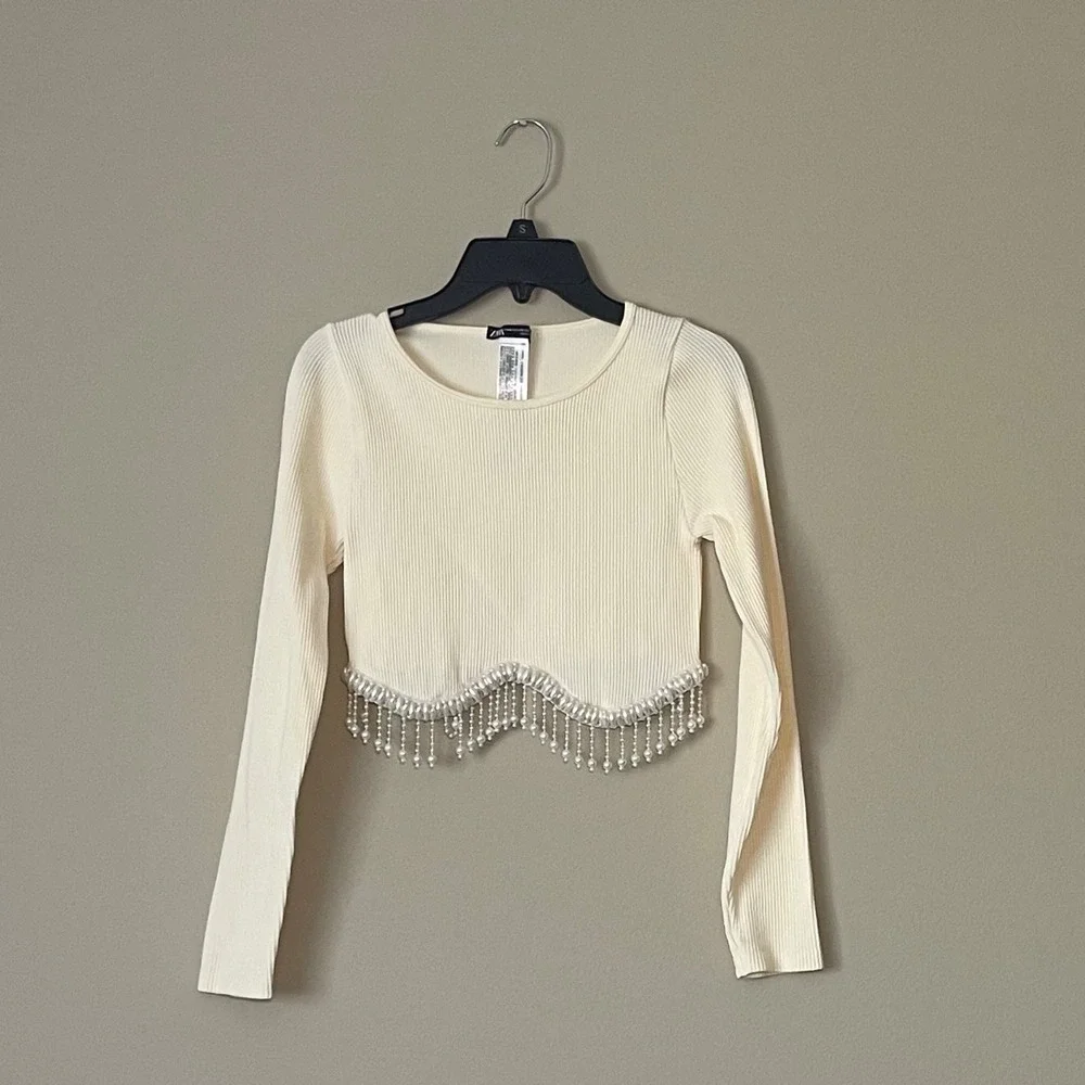 ZARA Cream Ribbed Cropped Long Sleeve Top Beaded Fringe Size S